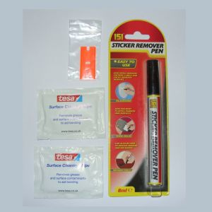 Sticky stuff remover pen, plastic scraper blade and isopropyl-alcohol wipes